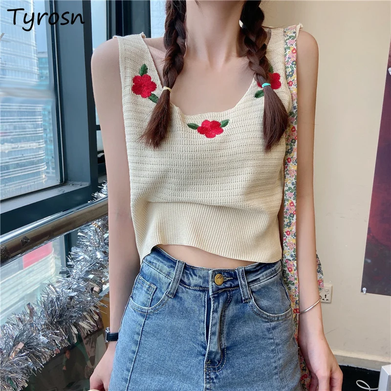 

Майки женские с вышивкой, укороченные топы без рукавов, универсальная уличная одежда в французском стиле, в стиле пэчворк, в стиле Харадзюку...