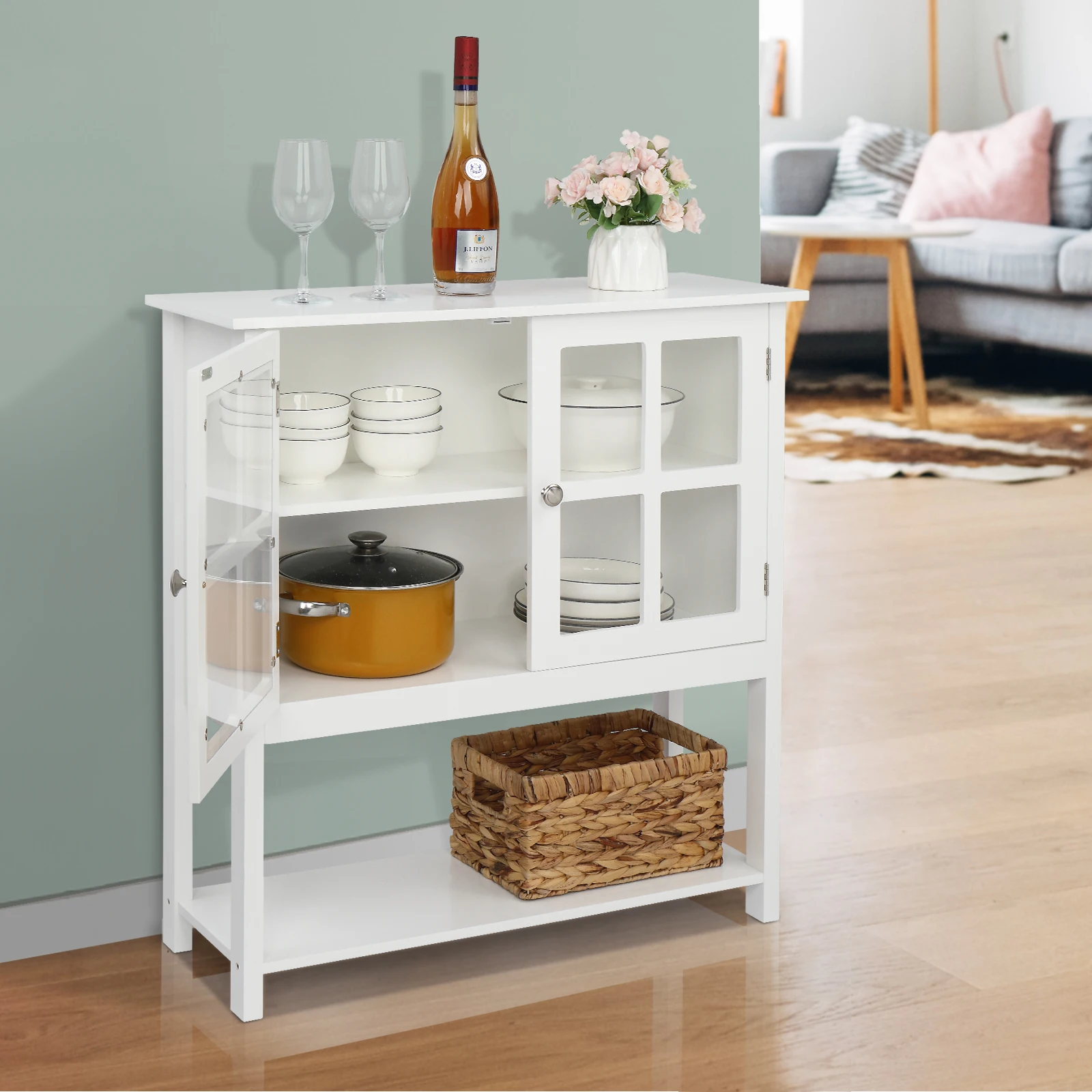 

FCH 80x28x83.8CM Transparent Double Doors Double Internal Compartments W/Bottom Storage Shelf MDF NC Spray Paint Sideboard White