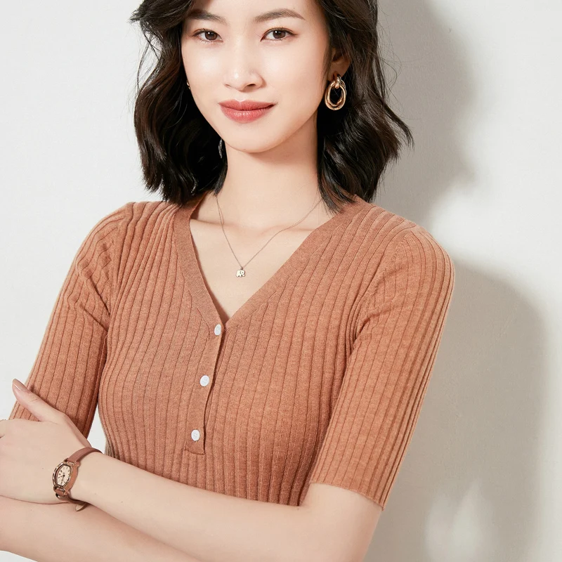 

Женский тонкий свитер в рубчик, трикотажный пуловер с коротким рукавом и V-образным вырезом, Облегающий мягкий теплый джемпер, весна-осень ...