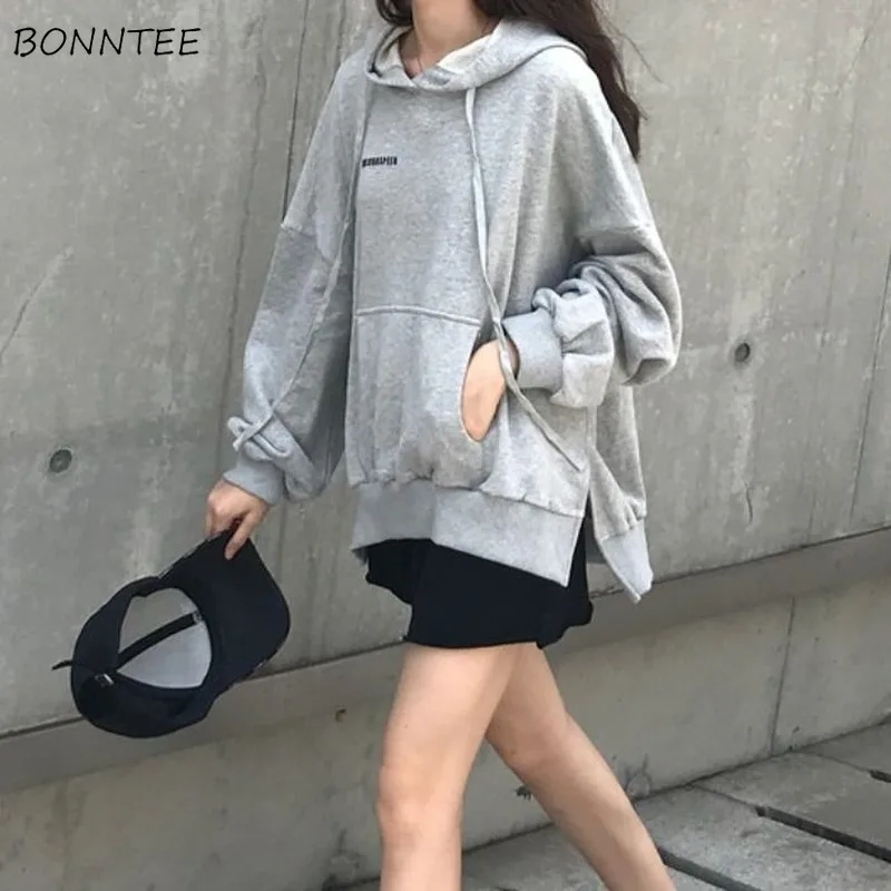 

Hoodies Women Simple Tracksuit Loose Hooded Basic Slit Front Pockets Drawstring 2020 Autumn New Fashion Chic Women's Tops Hot