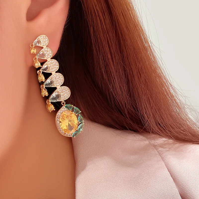 

Micro-inlaid colorful drops of yellow zircon flowers long earrings dinner dress wedding earrings luxury retro earrings women