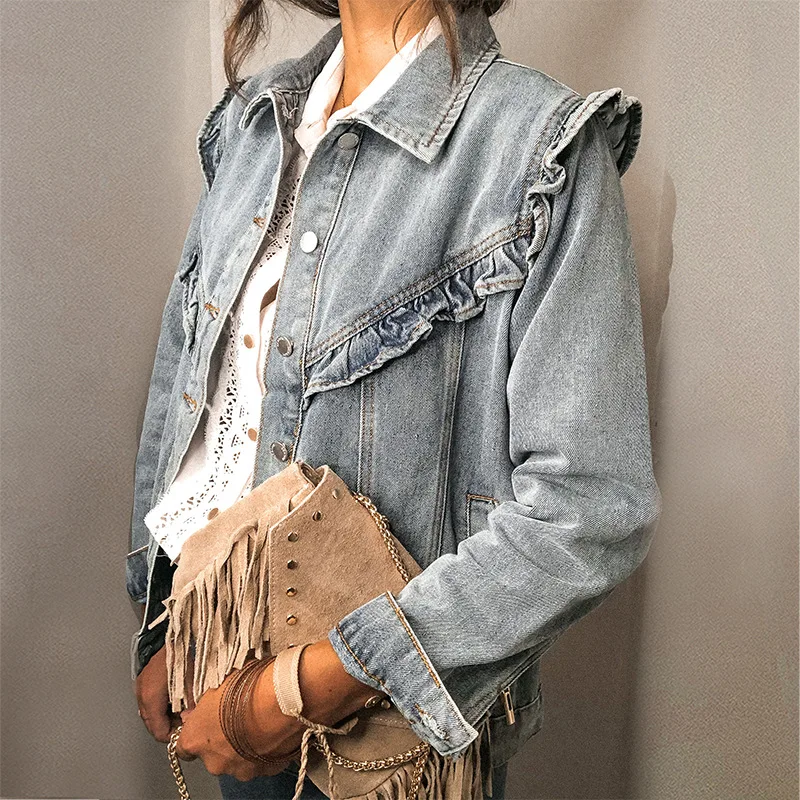 

Spring Autumn 2021 Ruffles Denim Jacket for Women Long Sleeve Pocket Jacket Femme Casual Overcoat Single Breasted Chic Jean Coat