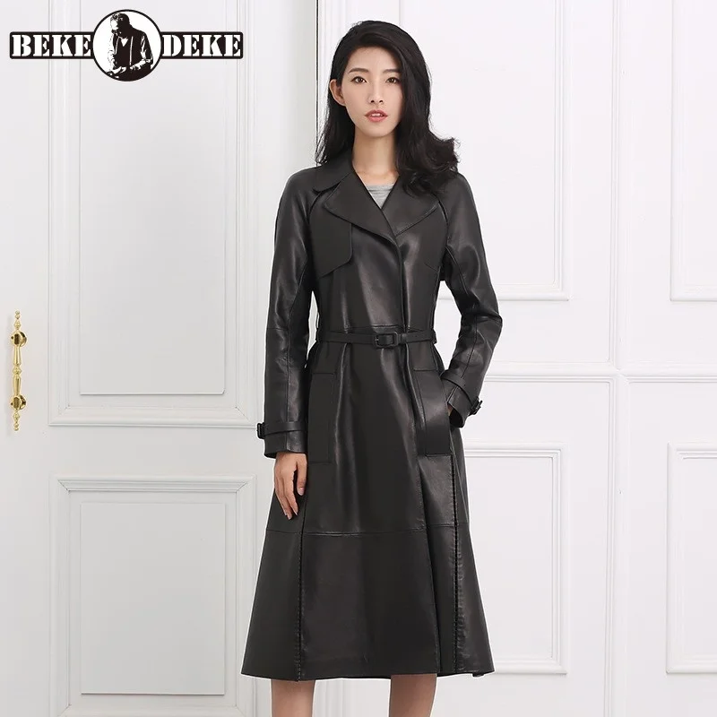 

Winter Women Leather Windbreaker Trench Long Coat Military Belted Sheepskin Genuine Leather Jacket Office Lady Elegant Overcoat