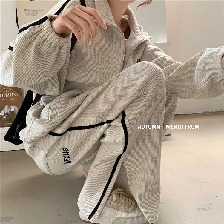 2021 Fall/winter Fashion Loose All-match Lapel Sweater + Foot Zipper Casual Trousers Sports Suit Two-Piece Suit