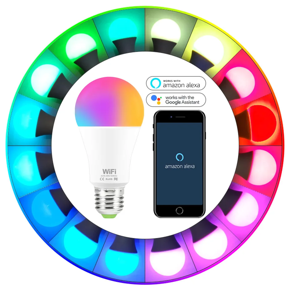 Умсветильник ПА B22 E27 RGB 15 Вт с Wi-Fi лампа работает Alexa/Google Home AC85-265V + белый/теплый