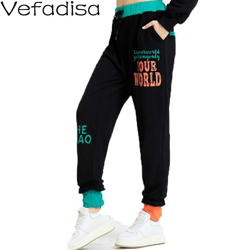 

Vefadisa Stitching Color Letter Print Women Pants 2021 Spring Drawstring Pencil Pants Casual Full Length Pants Black QYF3609