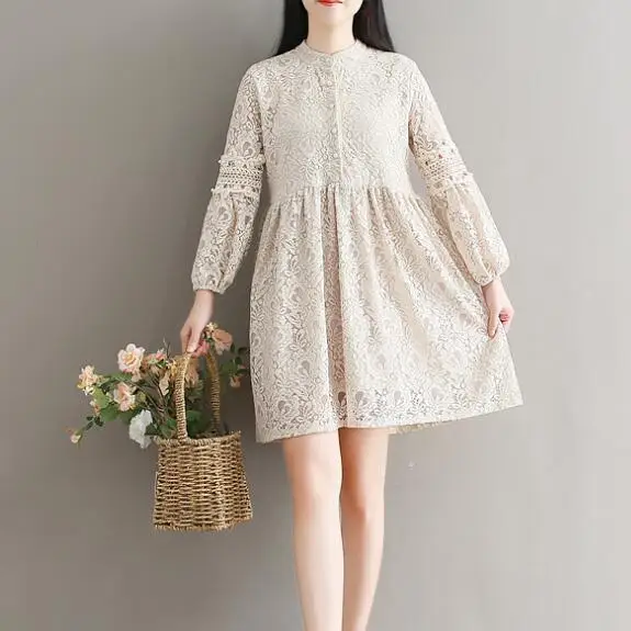 Mori girl robe Femme весеннее элегантное винтажное платье с круглым вырезом бисером и