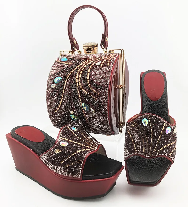 

Latest Desgin Wine African Party Wedge Heel Women's Slip-On Shoes And Bag Set MD014 Heel Height 9CM