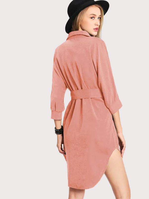 

korean style solid shirts dresses spring autumn woman trend fashion turn-down collar sash single breasted female dresses
