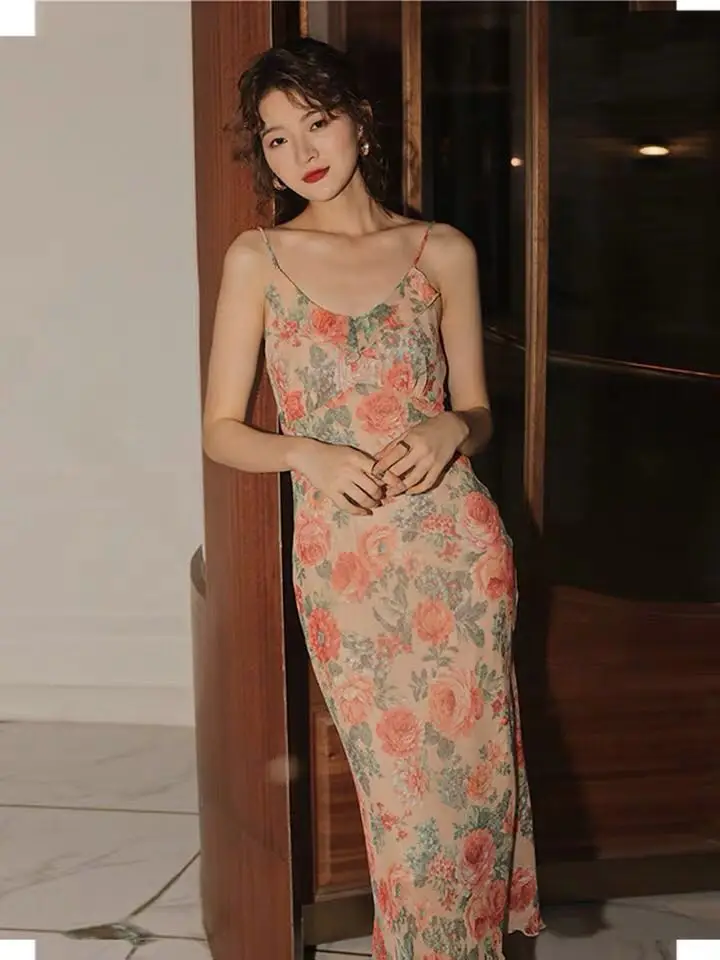 Винтажное летнее Женское Платье макси с цветочным принтом элегантный узкий