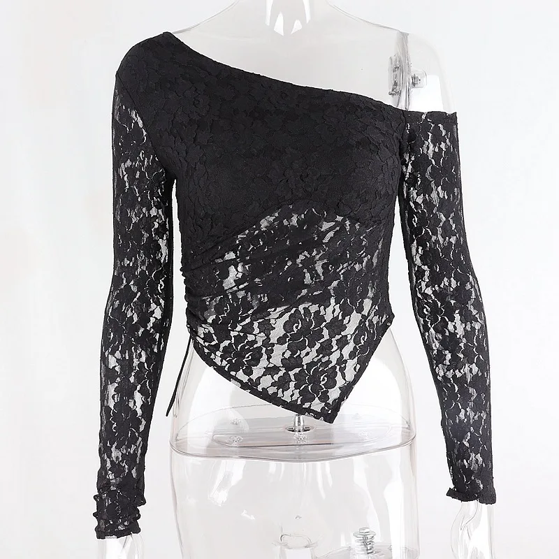 

Goth Dark Floral Lace Gothic Crop T-Shirts Black Mall Goth White Long Sleeve Women Tops One Shoulder Bodycon Transparent Clothes
