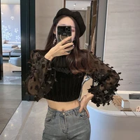 2022 new women fashion appliques chiffon lantern sleeve patchwork short knitting sweater ladies chic pullovers tops