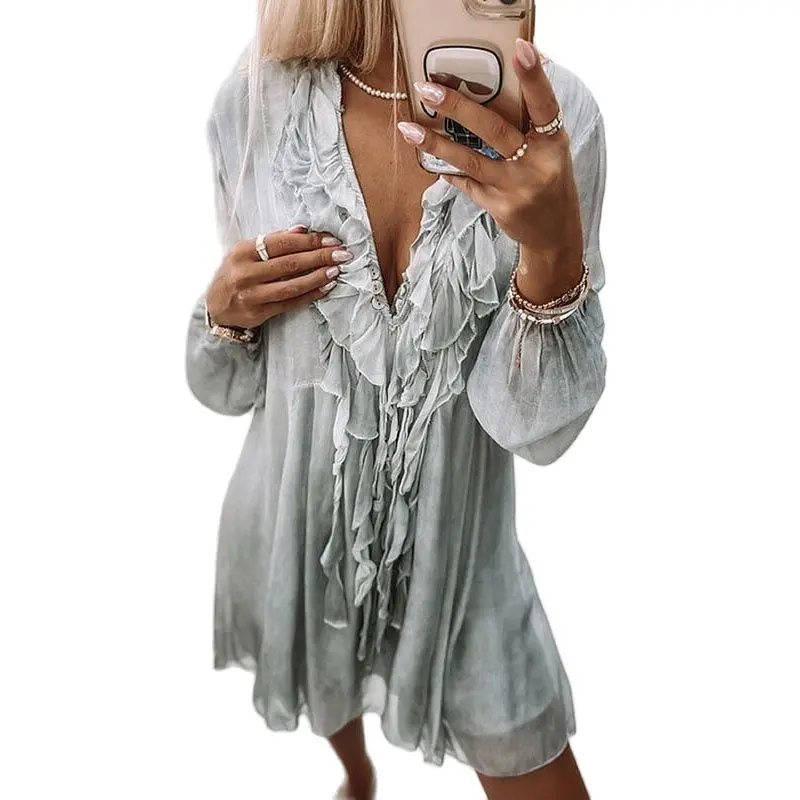 

Spring Summer Women Fashion Mesh Party Dresses Elegant Long Sleeve Loose Chiffon Dress Sexy V Neck Ruffle Lady Beach Mini Dress