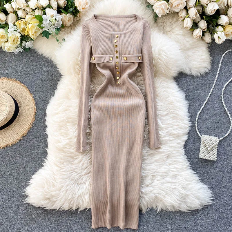 Женское трикотажное облегающее платье SINGRAIN однотонное с круглым вырезом и