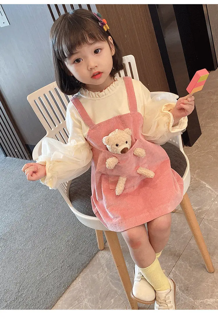 

2021 Children's Spring Autumn Corduroy Dress Children's Mesh Fake Two-piece Baby Girls Clothing Korea Style Derss