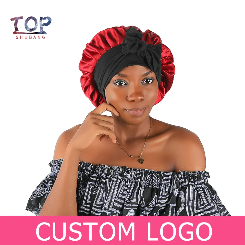 Custom Logo Wrap Bonnets With Wide Edge Control Head Band Sleep 2 Layer Satin Women Bonnet