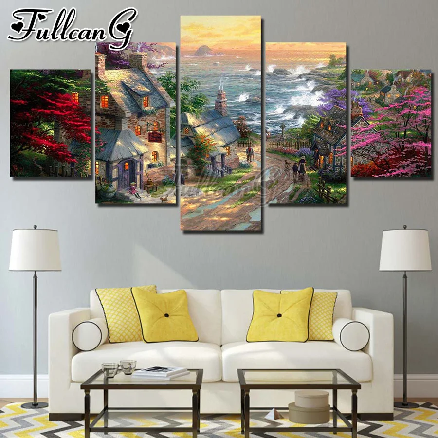 

FULLCANG Seaside village scenery 5 piece diy diamond painting full square round drill mosaic embroidery sale decoration FC3051