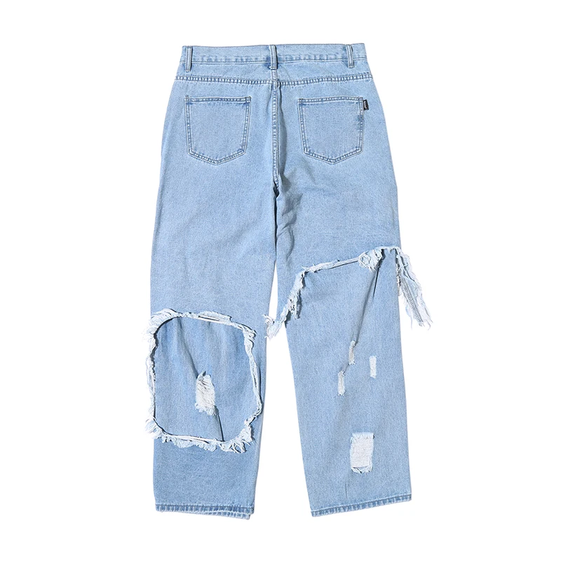 Рваные джинсы с асимметричными дырками широкими штанинами для мужчин и женщин