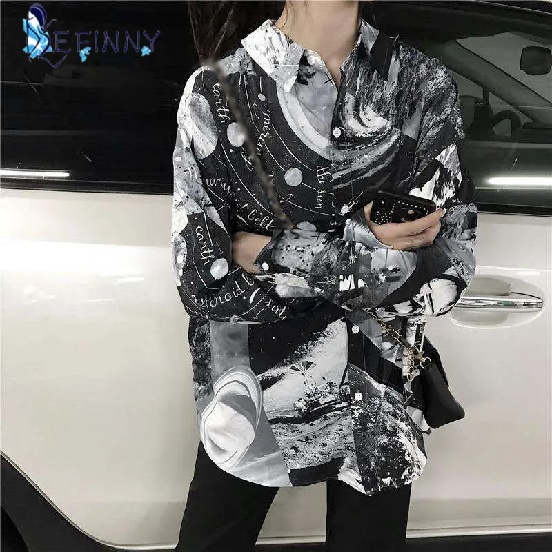 

Long Sleeve Loose Retro Blouses Korean Style Women Spring Turn-down Collar Black White Planets Pattern Shirts