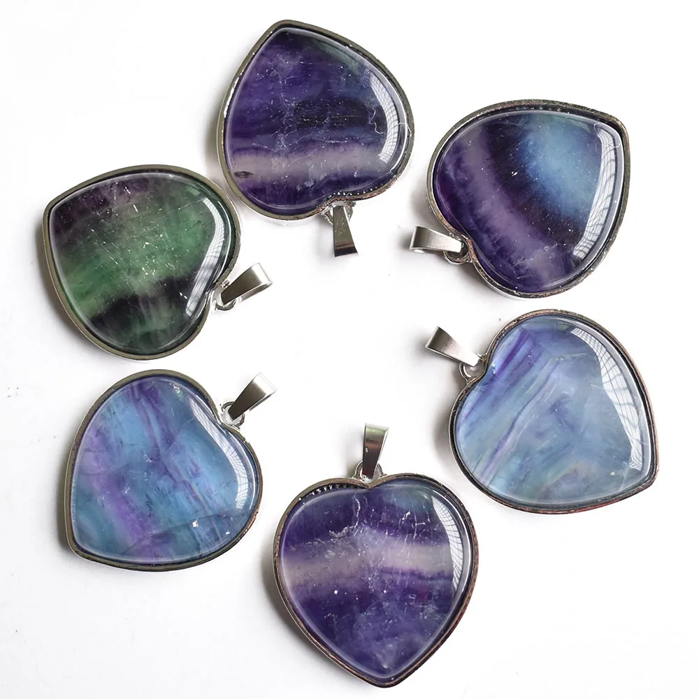 

wholesale 6pcs/lot 2020 New good quality Romantic silver plated natural fluorite heart shape pendants 30mm for jewelry making