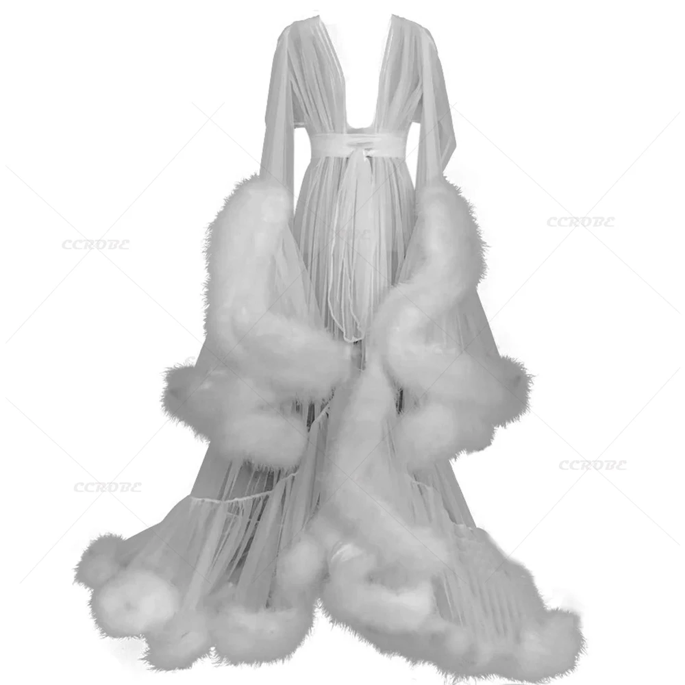 HOT Fashion Feather Bathrobe Women's Dressing Gown Tulle Illusion Long Bridal Robe Wedding Nightgown Sleepwear Photoshoot Dress
