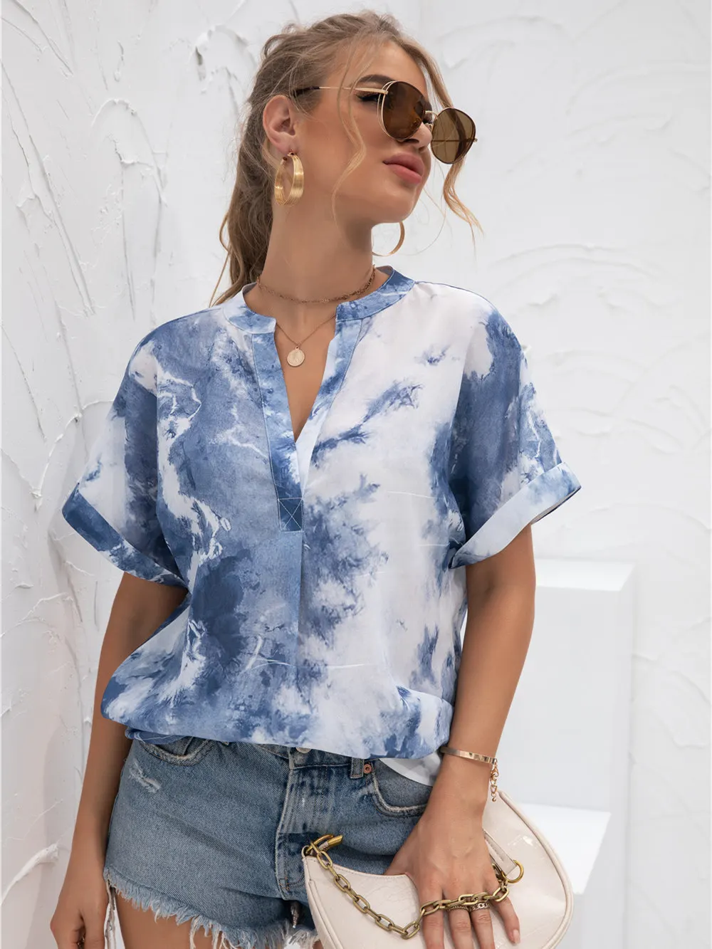 

Women's Summer Chiffon Tie Dye Blouse Office V Neck Short Sleeve Button-Up Tunic Tops Loose Fit Casual Shirt