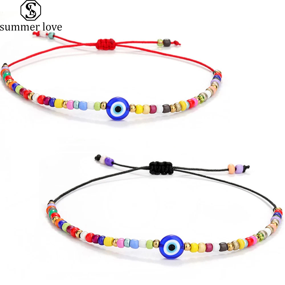 

Bohemian Elephant Tortoise Evil Blue Eye Charm Bracelet with Colorful Seed Bead Rope Braided Nazar Eye Bracelets Jewelry 2pc/Set