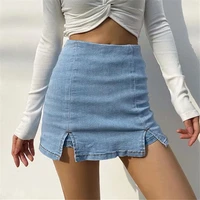high waist denim shorts skirts women summer new rear zipper stretch denim double slit culottes trend female skirts blue black