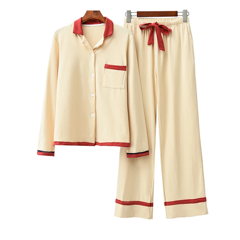 

Spring Autumn 2020 100% Cotton Simple Contrast Color Lapel Cream Long-Sleeved Home Service Female Pajamas Suit Women Sleepwear
