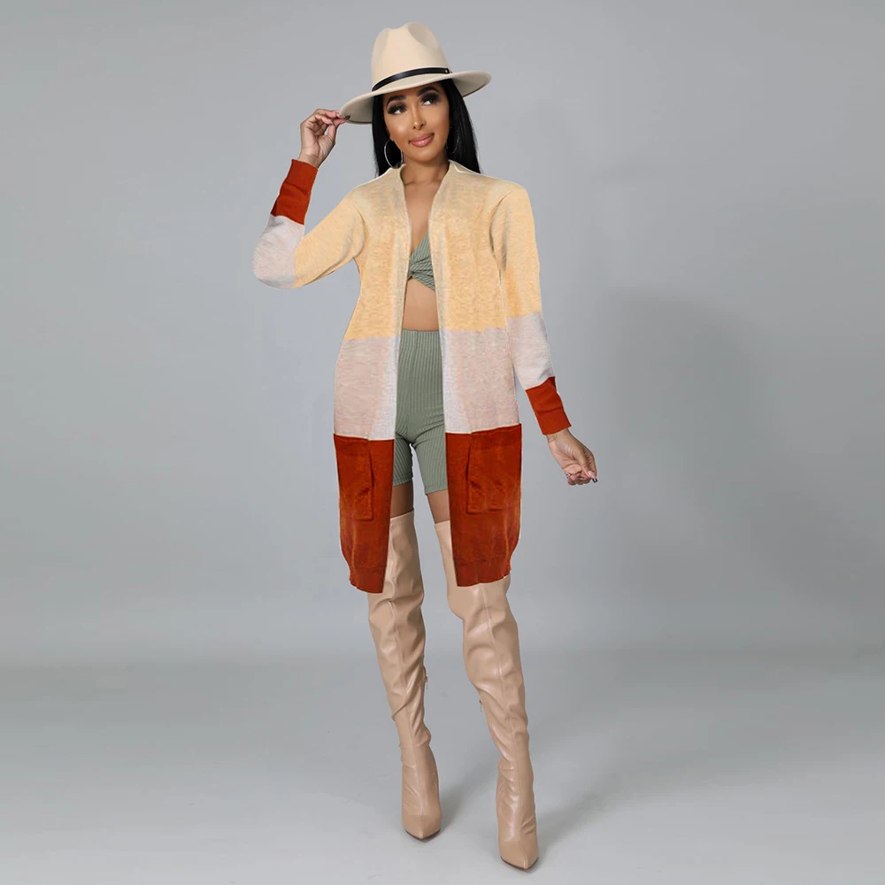 

Spring Winter Women's Knitted Sweater & Jumper Cardigan Casual Fashion Color Block Patchwork Long Sleeve Side Pocket Open Stitch