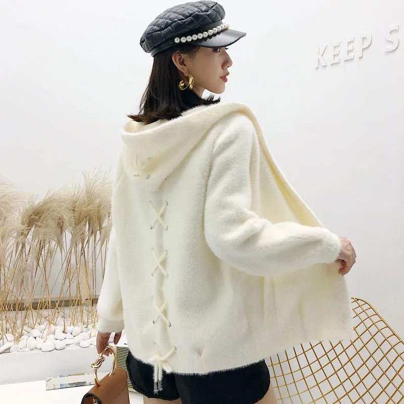 White Пальто женский короткий параграф бархатный кардиган с капюшоном женская верхняя одежда осень и зима тонкий толстый Универсальный - Color: White