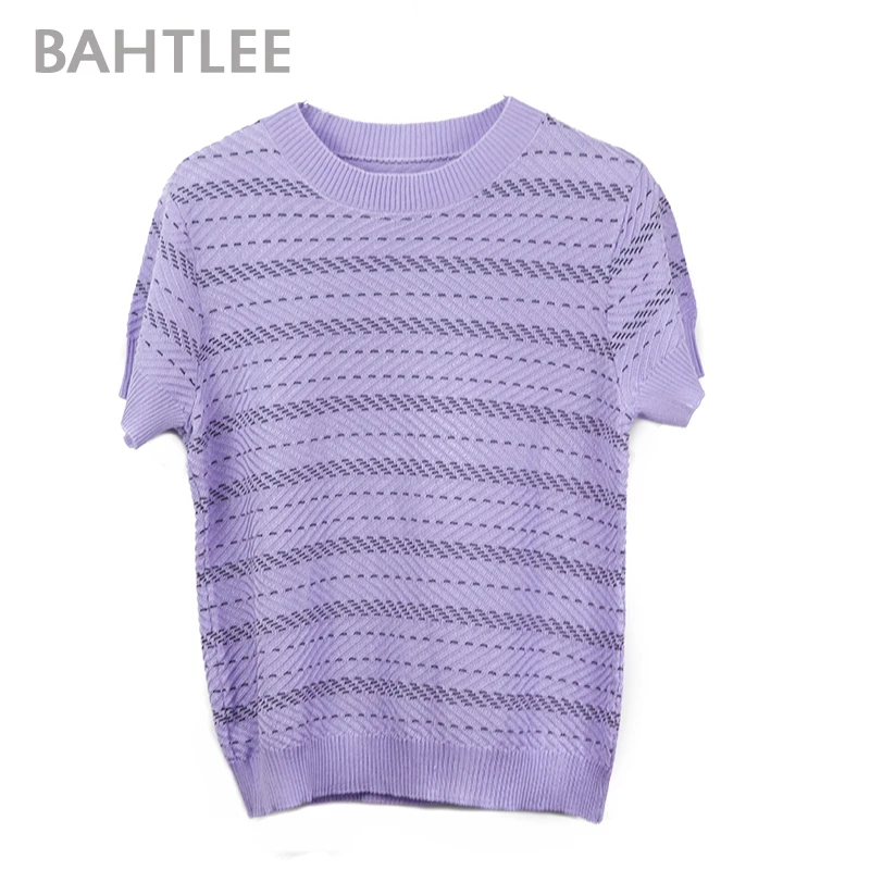 

BAHTLEE Summer Women T-shirt Tencel Stripe Short Sleeves O-Neck Pullovers Jacquard Weave Knitted Sweaters Four Color
