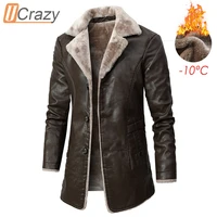 ucrazy men winter new casual long thick fleece leather jacket parkas men outfit warm vintage pocket faux leather jacket coat men