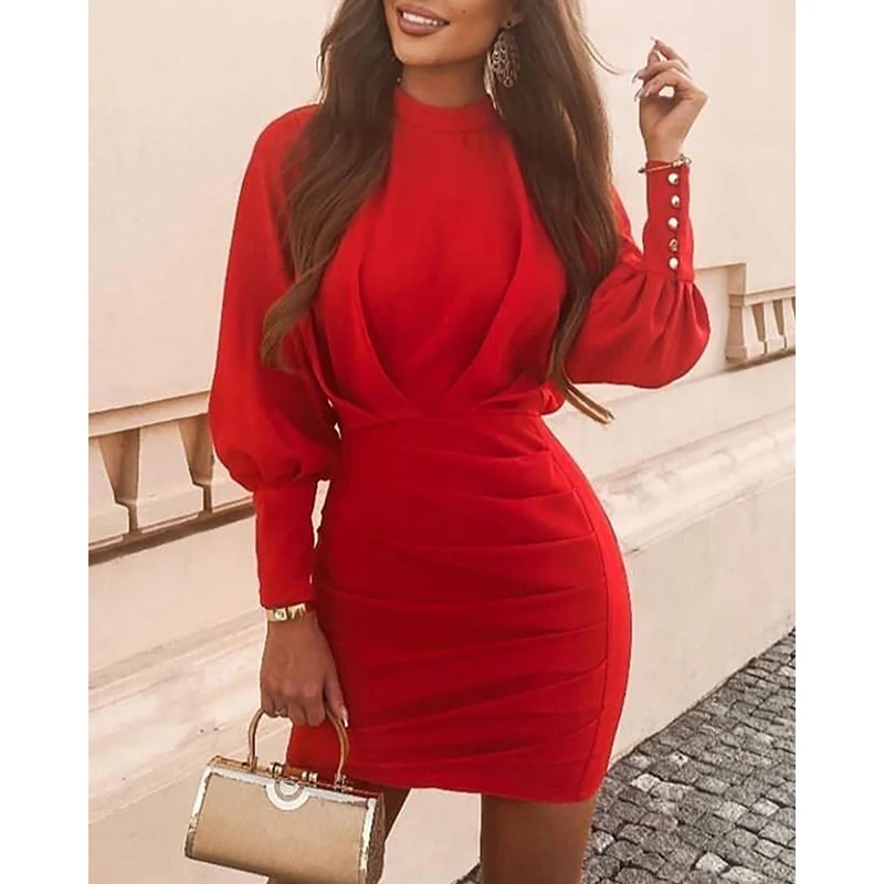 Новинка 2020 однотонное красное женское платье Осень зима длинный рукав