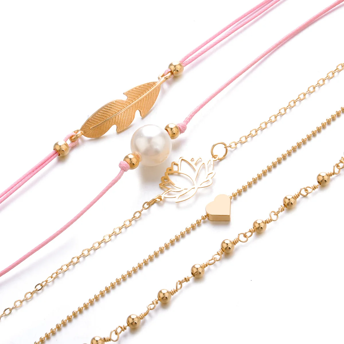 Женский браслет с искусственным жемчугом цепочка листьями и сердцем золотого