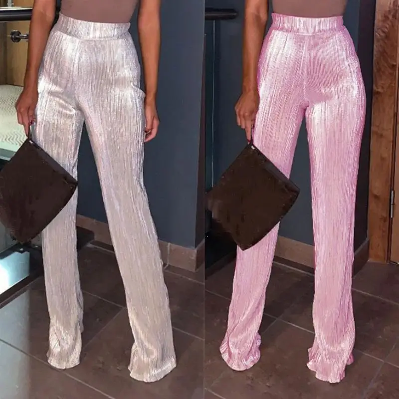 Women New High Waist Long Pants Sparkly Sexy Wide Leg Casual Fashion Vintage Solid Color Party |