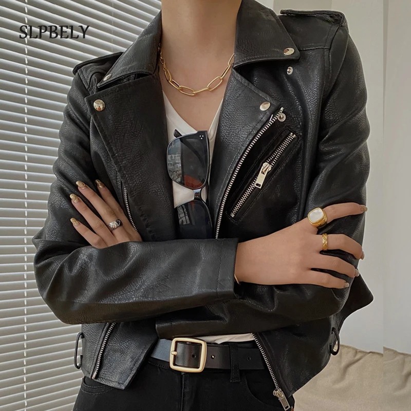 

SLPBELY Spring Autumn Black Faux Leather Jackets Casual PU Zipper Basic Coat Turn-down Collar Motor Biker Jacket With Belt 2021