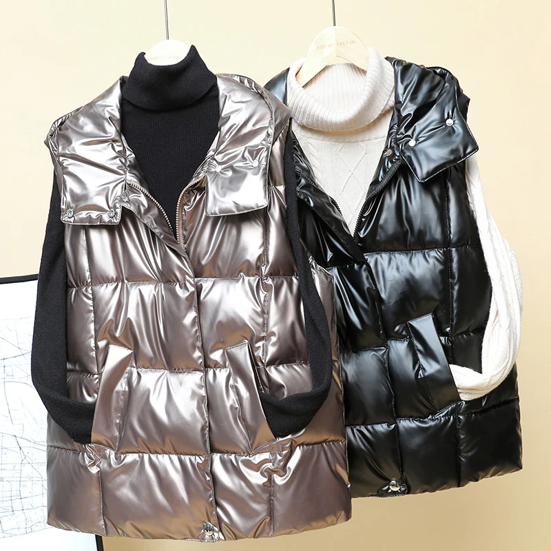 

Hooded Winter Vest Women's Glossy Solid Casual Loose Ladies Sleeveless Jacket Zipper Pockets Thick Waistcoat for Female 2021