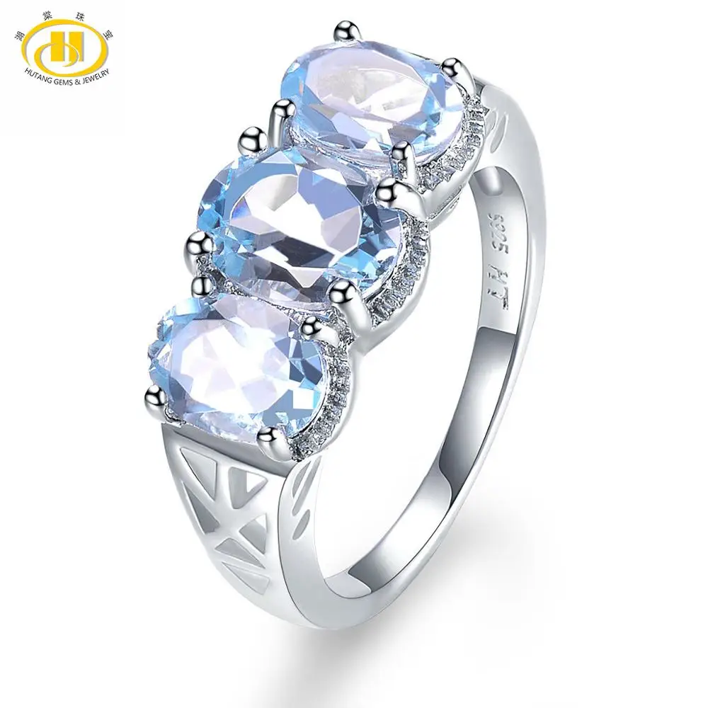 Hutang 3.5ct натуральный драгоценный камень женское кольцо голубой топаз Твердые 925 пробы серебряные кольца Изысканные элегантные ювелирные изделия для подарка