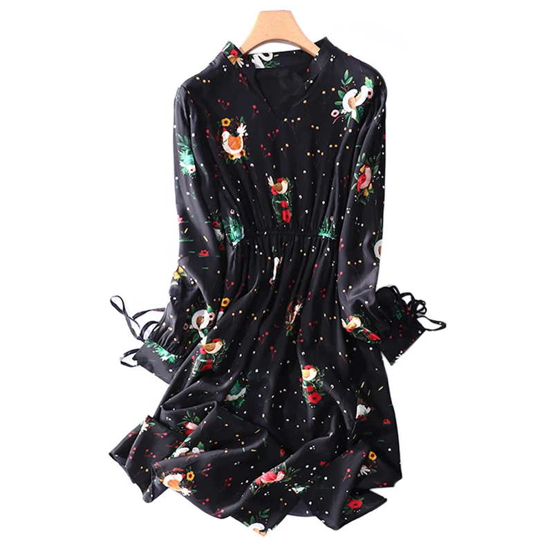 Print Black Full Sleeve V-neck Shell 100% Silk Dress Women Natural Fiber High Quality Elegant Summer Lady Clothing Free Shipping