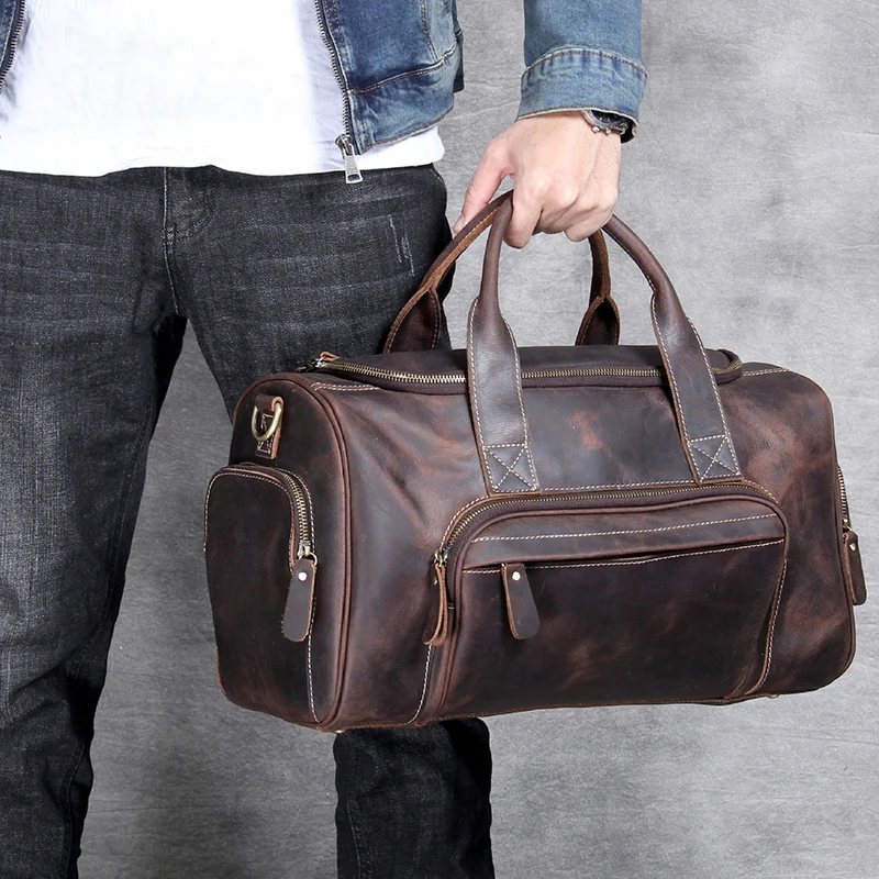Men Travel Bag Thick Crazy Horse Genuine Leather Travel Duffel big Capacity Multifunctional Handbag business luggage travel bag