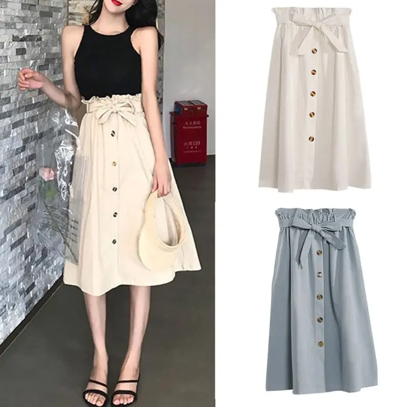 

Women Girls Ruffles High Waist Knee Length Pleated A-Line Skirt Single Breasted Button Up Belted Solid Color Flared Skater Skirt