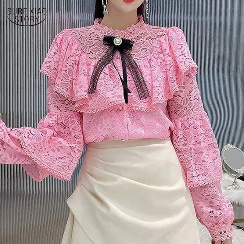 

Gentle Solid Shirt Cardigan Autumn Sexy Lace Hollow Out Lantern Long Sleeve Blouse Elegant Bow Ruffle Tops Chemisier Femme 12262