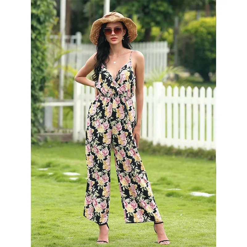 

Summer 2021 Women Fashion Clothing Office Lady Print HIGH Full Length Jumpsuits Sling Halter Jumpsuit for Women