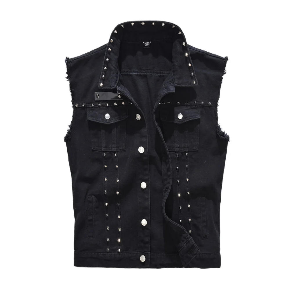 

New 2021 Denim Vest Men Punk Rock Rivet Cowboy Black Jeans Waistcoat Fashion Men Motorcycle Style Sleeveless Jeans Jacket M-5XL