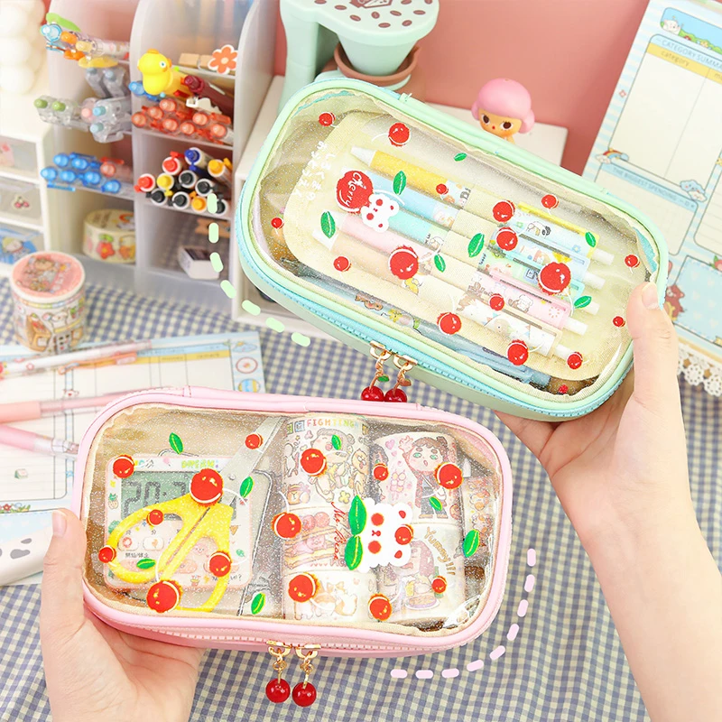 

Kawaii Cherry Transparent Pencil Case Cute Large Capacity School Pen Bag Supplies Pencil Pouch Bag School Stationery Accessories