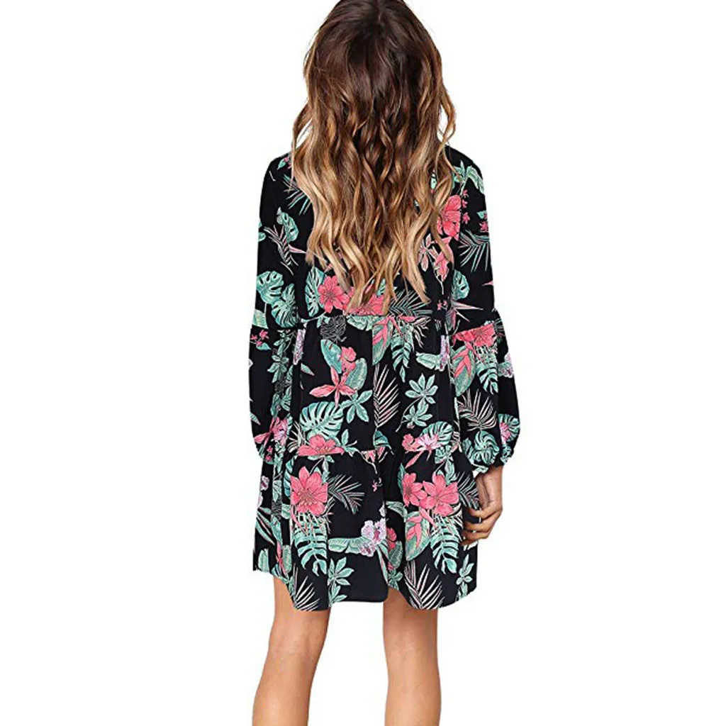 2020 Новое модное женское платье в стиле бохо с принтом мини длинным рукавом и v