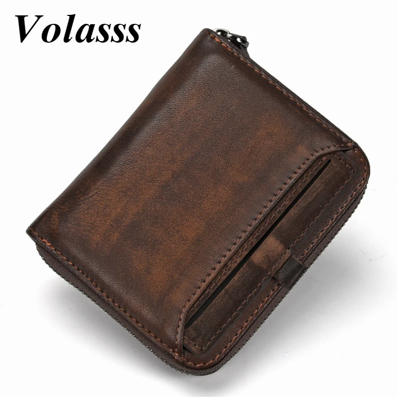 

Volasss Retro Wallet For Man Short Genuine Leather New Men Wallets Money Clip Men's Purse 2021 Zipper Casual Luxury Small Purses