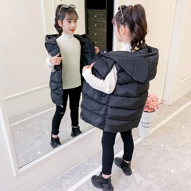 Autumn Spring Children Mid-length Sleeveless Hoodies Jacket Kids Casual Hooded Waistcoat Girls Boys Thick Warm Long Vest Outwear