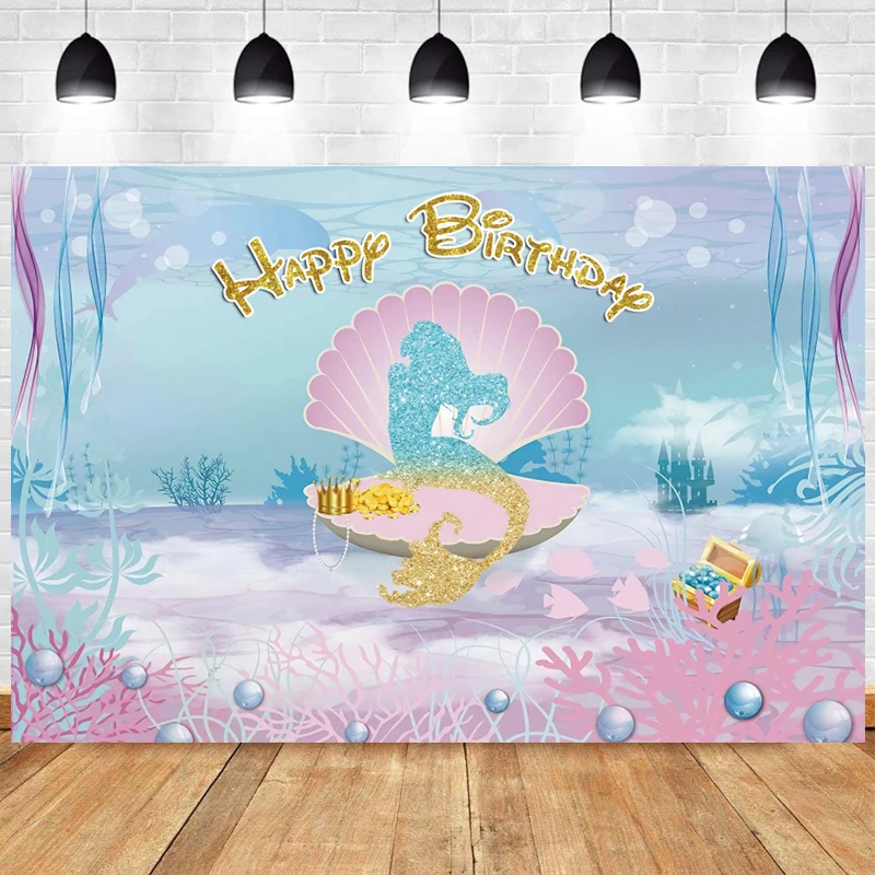 

Little Mermaid Photo Backdrop Girls Baby Shower Happy Birthday Party Kids Photograph Background Banner Photocall Decoration